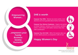 Empower Your Wife - Women are more careful, more
attentive and more guarded about family and finance
Empower Your Women Employees - Experts say women
are better listeners, mentors, communicators, problem
solvers, multi-taskers with better memory than their
male counterparts
Empower Your Girl Child - 36% of US women take care
of their elderly parents as compared to 16% of men
Empowering
Woman...
...empowers your
Family
Business
Society
Humanity
SHE is worth
Happy Women’s Day
Advancing animal health with
science and compassion
 