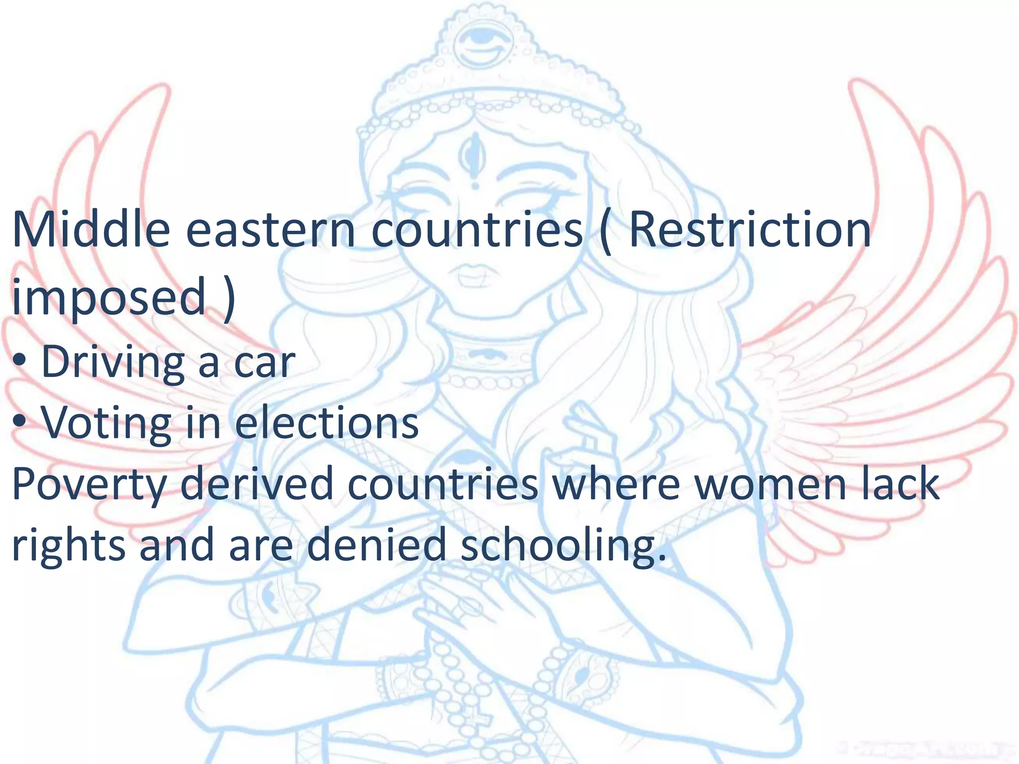 Middle eastern countries ( Restriction
imposed )
• Driving a car
• Voting in elections
Poverty derived countries where women lack
rights and are denied schooling.
