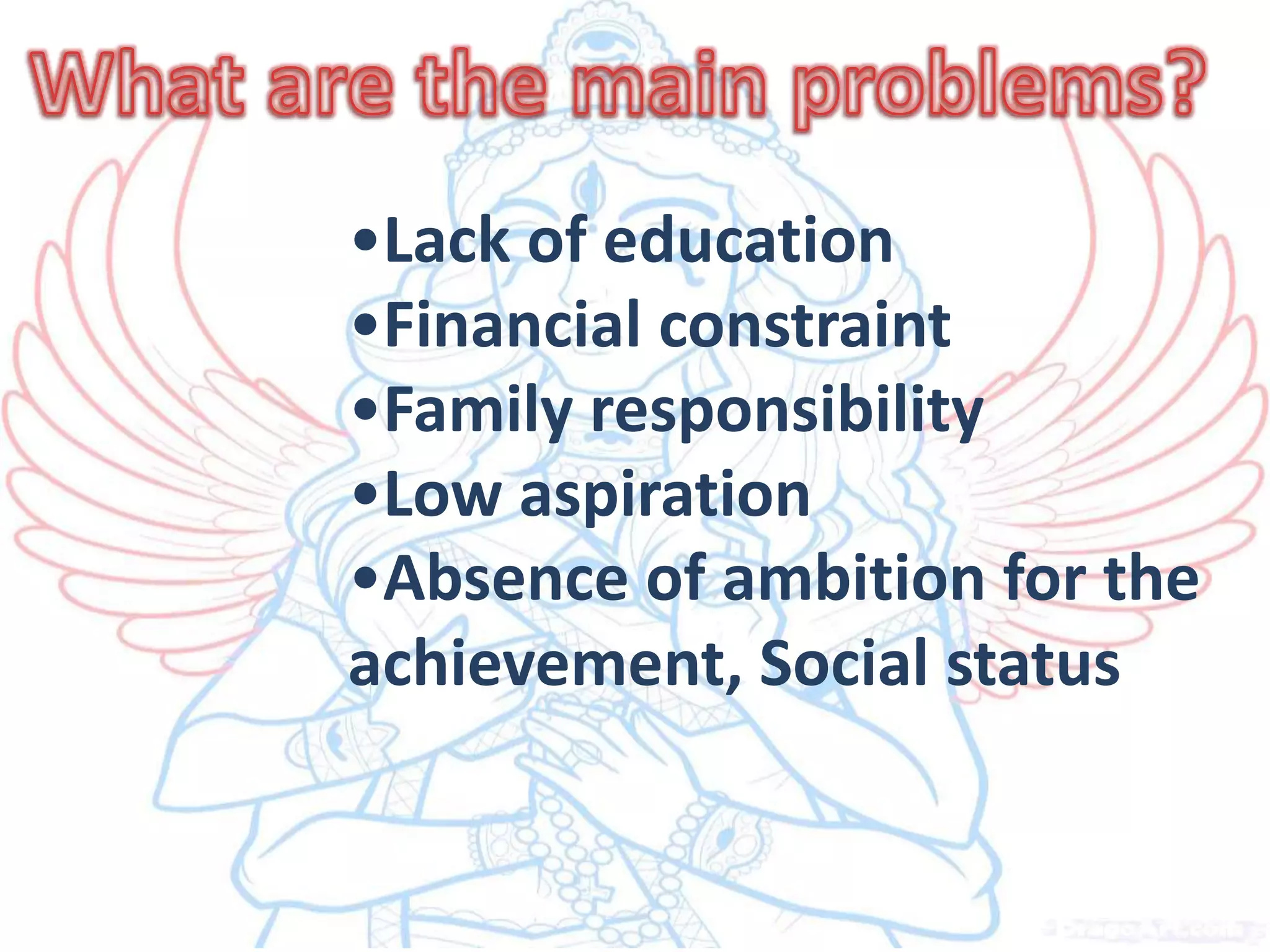 •Lack of education
•Financial constraint
•Family responsibility
•Low aspiration
•Absence of ambition for the
achievement, Social status