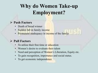 Why do Women Take-up
Employment?
 Push Factors
• Death of bread winner
• Sudden fall in family income
• Permanent inadequacy in income of the family
 Pull Factors
• To utilize their free time or education
• Women’s desire to evaluate their talent
• Need and perception of Women’s Liberation, Equity etc.
• To gain recognition, importance and social status.
• To get economic independence
 