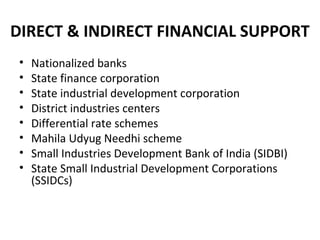 DIRECT & INDIRECT FINANCIAL SUPPORT
 •   Nationalized banks
 •   State finance corporation
 •   State industrial developme...