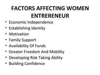 FACTORS AFFECTING WOMEN
           ENTRERENEUR
•   Economic Independence
•   Establishing Identity
•   Motivation
•   Fami...
