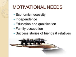MOTIVATIONAL NEEDS
Economic necessity
 Independence
 Education and qualification
 Family occupation
 Success stories o...