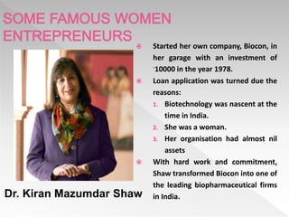 Started her own company, Biocon, in
her garage with an investment of
`10000 in the year 1978.
 Loan application was turned due the
reasons:
1. Biotechnology was nascent at the
time in India.
2. She was a woman.
3. Her organisation had almost nil
assets
 With hard work and commitment,
Shaw transformed Biocon into one of
the leading biopharmaceutical firms
in India.
Dr. Kiran Mazumdar Shaw
 