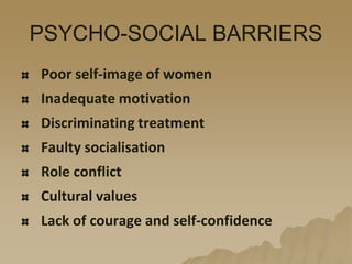 PSYCHO-SOCIAL BARRIERS
Poor self-image of women
Inadequate motivation
Discriminating treatment
Faulty socialisation
Role conflict
Cultural values
Lack of courage and self-confidence
 