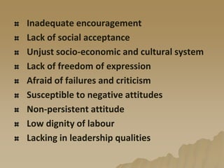 Inadequate encouragement
Lack of social acceptance
Unjust socio-economic and cultural system
Lack of freedom of expression
Afraid of failures and criticism
Susceptible to negative attitudes
Non-persistent attitude
Low dignity of labour
Lacking in leadership qualities
 