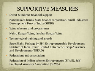  Direct & indirect financial support
Nationalized banks, State finance corporation, Small Industries
Development Bank of India (SIDBI)
 Yojna schemes and programmes
Nehru Rozgar Yojna, Jawahar Rozgar Yojna
 Technological training and awards
Stree Shakti Package by SBI, Entrepreneurship Development
Institute of India, Trade Related Entrepreneurship Assistance
and Development (TREAD)
 Federations and associations
Federation of Indian Women Entrepreneurs (FIWE), Self
Employed Women’s Association (SEWA)
 