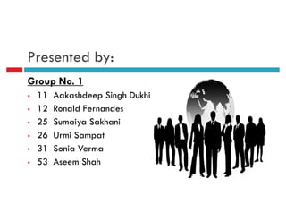 Presented by:
Group No. 1
 11 Aakashdeep Singh Dukhi
 12 Ronald Fernandes
 25 Sumaiya Sakhani
 26 Urmi Sampat
 31 Sonia Ve...