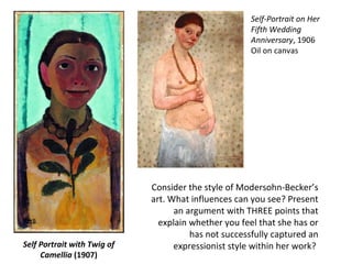 Self Portrait with Twig of Camellia  (1907) Consider the style of Modersohn-Becker’s art. What influences can you see? Pre...