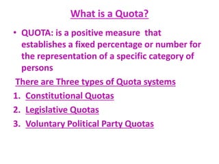 What is a Quota?
• QUOTA: is a positive measure that
establishes a fixed percentage or number for
the representation of a specific category of
persons
There are Three types of Quota systems
1. Constitutional Quotas
2. Legislative Quotas
3. Voluntary Political Party Quotas
 