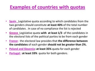 Examples of countries with quotas
• Spain Legislative quota according to which candidates from the
two genders should constitute at least 40% of the total number
of candidates . In case of no compliance the list is rejected
• Greece Legislative quota with at least 1/3 of the candidates in
the electoral lists of the political parties to be from each gender
• France: the electoral law provides that the difference between
the candidates of each gender should not be greater than 2%.
• Poland and Slovenia: at least 35% quota for each gender
• Portugal : at least 33% quota for both genders.
 