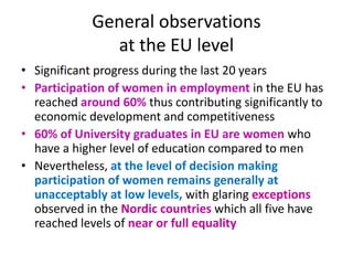 General observations
at the EU level
• Significant progress during the last 20 years
• Participation of women in employment in the EU has
reached around 60% thus contributing significantly to
economic development and competitiveness
• 60% of University graduates in EU are women who
have a higher level of education compared to men
• Nevertheless, at the level of decision making
participation of women remains generally at
unacceptably at low levels, with glaring exceptions
observed in the Nordic countries which all five have
reached levels of near or full equality
 