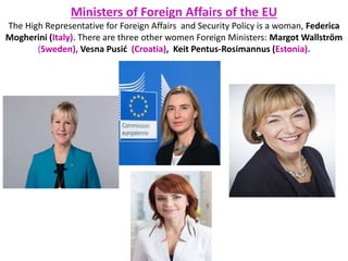 Ministers of Foreign Affairs of the EU
The High Representative for Foreign Affairs and Security Policy is a woman, Federica
Mogherini (Italy). There are three other women Foreign Ministers: Margot Wallström
(Sweden), Vesna Pusić (Croatia), Keit Pentus-Rosimannus (Estonia).
 