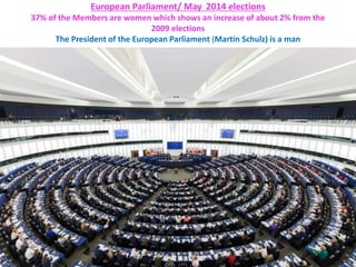 European Parliament/ May 2014 elections
37% of the Members are women which shows an increase of about 2% from the
2009 elections
The President of the European Parliament (Martin Schulz) is a man
 