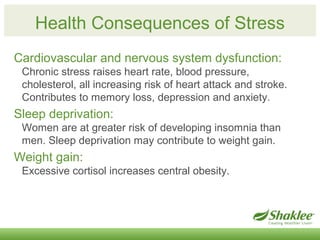 Health Consequences of Stress 
Cardiovascular and nervous system dysfunction: 
Chronic stress raises heart rate, blood pre...
