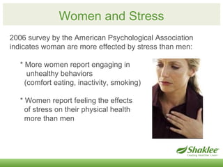 Women and Stress 
2006 survey by the American Psychological Association 
indicates woman are more effected by stress than ...