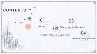 01
02
03
04
CONTENTS
Impact of Women in agri -socity
INTRO Why w omen in Agriculture
Women an Agripreneur
 
