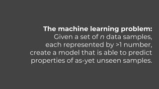 The machine learning problem:
Given a set of n data samples,
each represented by >1 number,
create a model that is able to predict
properties of as-yet unseen samples.
 