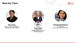 2
Diana Gray
Senior Community Marketing
Manager @ UiPath, AMER Tracy Dixon
6x UiPath MVP
Operational Modernization
Partner...