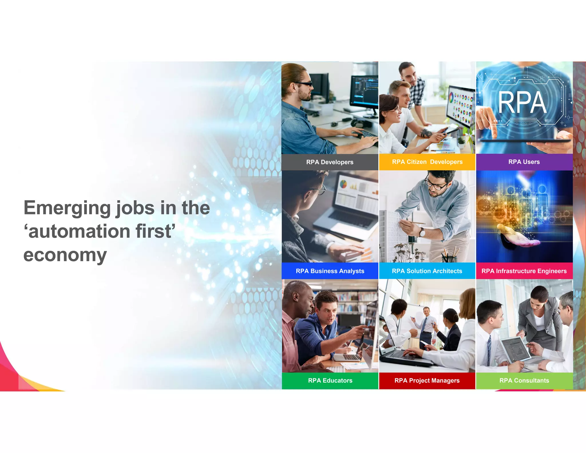25
Emerging jobs in the
‘automation first’
economy
RPA Developers RPA Citizen Developers RPA Users
RPA Business Analysts RPA Solution Architects RPA Infrastructure Engineers
RPA Educators RPA Project Managers RPA Consultants
 
