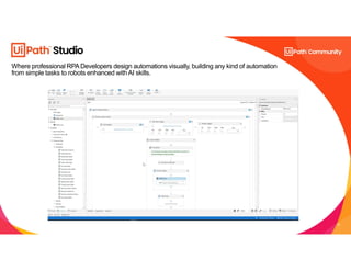 17
Where professional RPA Developers design automations visually, building any kind of automation
from simple tasks to robots enhanced with AI skills.
 