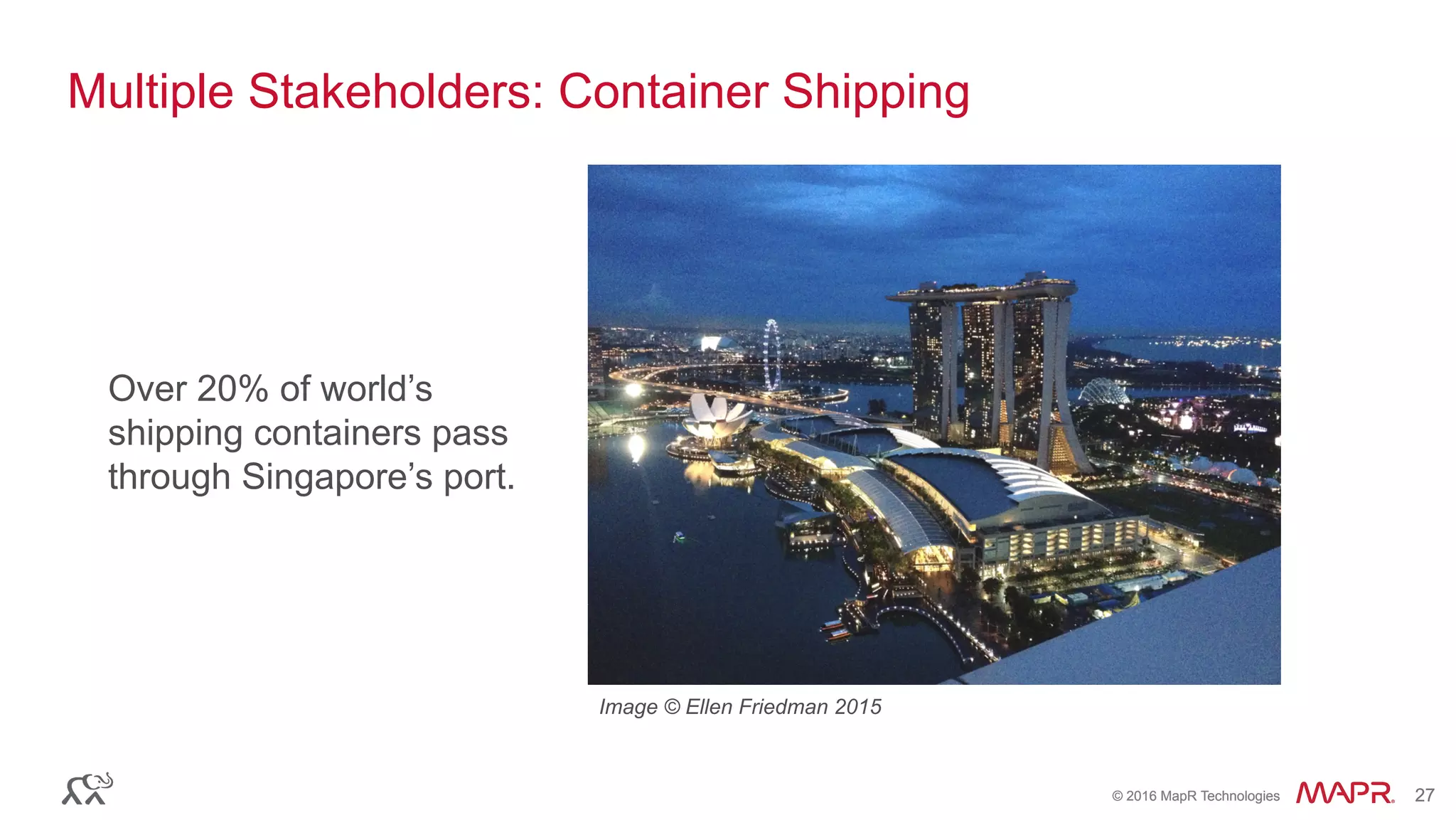 ®
© 2016 MapR Technologies 27®
© 2016 MapR Technologies 27
Multiple Stakeholders: Container Shipping
Image © Ellen Friedman 2015
Over 20% of world’s
shipping containers pass
through Singapore’s port.
 