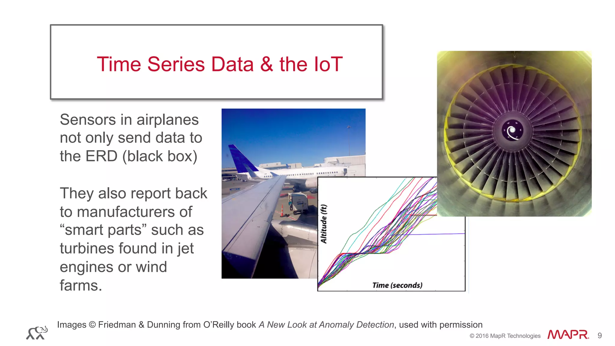 ®
© 2016 MapR Technologies 9®
© 2016 MapR Technologies 9
Images © Friedman & Dunning from O’Reilly book A New Look at Anomaly Detection, used with permission
Time Series Data & the IoT
Sensors in airplanes
not only send data to
the ERD (black box)
They also report back
to manufacturers of
“smart parts” such as
turbines found in jet
engines or wind
farms.
 