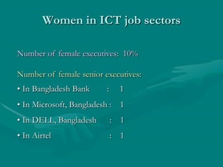 Women in ICT job sectors
Number of female executives: 10%
Number of female senior executives:
• In Bangladesh Bank : 1
• I...