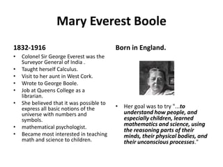 Sonya Kovalevskaya1850 - 1891Born in Russia to a minor noble. Spent her childhood at Palibino.She thought her parent s affections were only awarded to her brother and sister. Left her with self doubt for the remainder of her life.Family history of mathematics. Russian Universities were closed to girls. Married to continue her education.In 1883 she became a lecturer at the University of Stockholm.She published papers in mathematics and many works of literary.Awarded the Prix Bordin by the French Academy of Science “On Rotation of a Solid Body about a Fixed Point”.