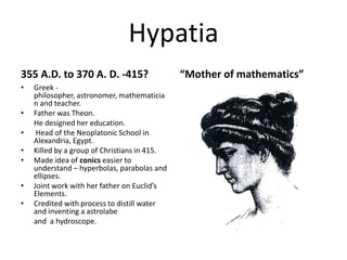 Hypatia355 A.D. to 370 A. D. -415?Greek - philosopher, astronomer, mathematician and teacher.Father was Theon.He designed her education. Head of the Neoplatonic School in Alexandria, Egypt. Killed by a group of Christians in 415.Made idea of conics easier to understand – hyperbolas, parabolas and ellipses.Joint work with her father on Euclid’s Elements.Credited with process to distill water and inventing a astrolabe	and  a hydroscope.“Mother of mathematics”