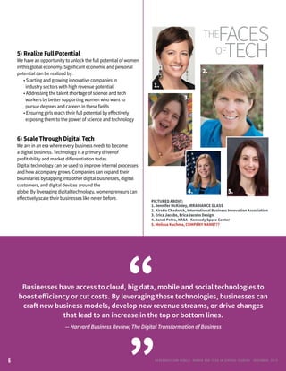 5)	Realize Full Potential
We have an opportunity to unlock the full potential of women
in this global economy. Significant economic and personal
potential can be realized by:
	 • Starting and growing innovative companies in 		
		 industry sectors with high revenue potential
	 • Addressing the talent shortage of science and tech 		
		 workers by better supporting women who want to 		
		 pursue degrees and careers in these fields
	 • Ensuring girls reach their full potential by effectively 		
		 exposing them to the power of science and technology
6)	Scale Through Digital Tech
We are in an era where every business needs to become
a digital business. Technology is a primary driver of
profitability and market differentiation today. 		
Digital technology can be used to improve internal processes
and	how a company grows. Companies can expand their
boundaries by tapping into other digital businesses, digital
customers, and digital devices around the 		
globe. By leveraging digital technology, womenpreneurs can
effectively scale their businesses like never before.
PICTURED ABOVE:
1. Jennifer McKinley, IRRADIANCE GLASS
2. Kirstie Chadwick, International Business Innovation Association
3. Erica Jacobs, Erica Jacobs Design
4. Janet Petro, NASA - Kennedy Space Center
5. Melissa Kuchma, COMPANY NAME???
1.
2.
1.
3.
4.
theFACES
OFTECH
RENEGADES AND REBELS, W OMEN AND T ECH IN CENTRAL FL OR ID A • D E CE M BE R , 2 0 1 56
Businesses have access to cloud, big data, mobile and social technologies to
boost efficiency or cut costs. By leveraging these technologies, businesses can
craft new business models, develop new revenue streams, or drive changes
that lead to an increase in the top or bottom lines.
— Harvard Business Review, The Digital Transformation of Business
“
”
5.
 