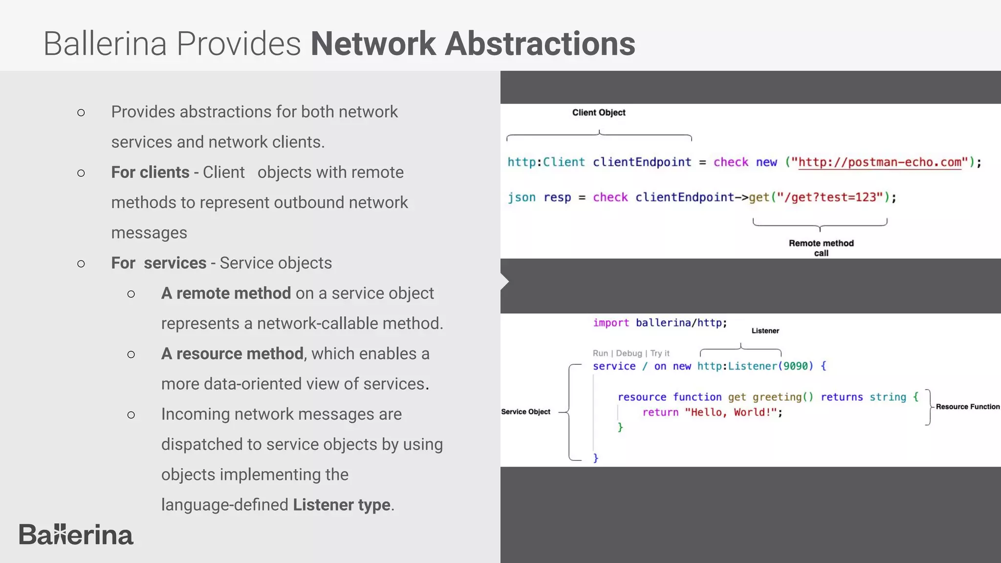 Ballerina Provides Network Abstractions
○ Provides abstractions for both network
services and network clients.
○ For clients - Client objects with remote
methods to represent outbound network
messages
○ For services - Service objects
○ A remote method on a service object
represents a network-callable method.
○ A resource method, which enables a
more data-oriented view of services.
○ Incoming network messages are
dispatched to service objects by using
objects implementing the
language-deﬁned Listener type.
 