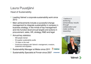 Laura Puustjärvi
Head of Sustainability
Ÿ Leading Valmet´s corporate sustainability work since
2013
Ÿ Main achievements in...