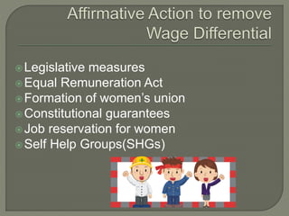 Legislative measures 
Equal Remuneration Act 
 Formation of women’s union 
Constitutional guarantees 
Job reservation for women 
Self Help Groups(SHGs) 
 