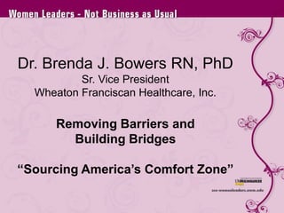 Dr. Brenda J. Bowers RN, PhDSr. Vice PresidentWheaton Franciscan Healthcare, Inc.Removing Barriers and Building Bridges“Sourcing America’s Comfort Zone” 