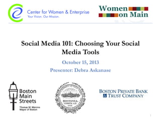 Social Media 101: Choosing Your Social
Media Tools
October 15, 2013
Presenter: Debra Askanase

1

 