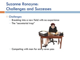 Suzanne Ronayne:  Challenges and Successes Challenges Breaking into a new field with no experience The “secretarial trap” Competing with men for entry-level jobs 