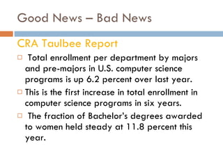Good News – Bad News CRA Taulbee Report Total enrollment per department by majors and pre-majors in U.S. computer science programs is up 6.2 percent over last year. This is the first increase in total enrollment in computer science programs in six years. The fraction of Bachelor’s degrees awarded to women held steady at 11.8 percent this year.  