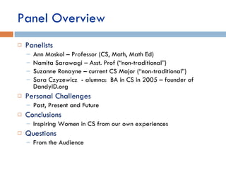 Panel Overview Panelists Ann Moskol – Professor (CS, Math, Math Ed) Namita Sarawagi – Asst. Prof (“non-traditional”) Suzanne Ronayne – current CS Major (“non-traditional”) Sara Czyzewicz  - alumna:  BA in CS in 2005 – founder of DandyID.org Personal Challenges Past, Present and Future Conclusions Inspiring Women in CS from our own experiences Questions From the Audience 