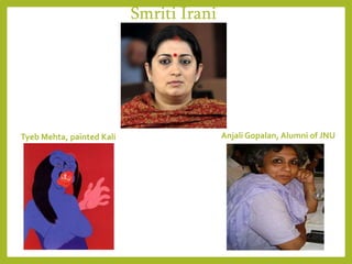Smriti Irani
Tyeb Mehta, painted Kali Anjali Gopalan, Alumni of JNU
 