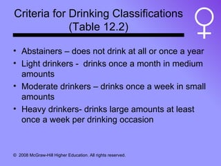 Criteria for Drinking Classifications (Table 12.2) <ul><li>Abstainers – does not drink at all or once a year </li></ul><ul...