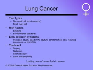 Lung Cancer Two Types Non-small cell (most common) Small (oat) cell Risk Factors   Smoking Environmental pollutants Early detection symptoms Persistent cough, blood in the sputum, constant chest pain, recurring pneumonia, or bronchitis Treatment Surgery Radiation Chemotherapy Laser therapy (PDT) Leading cause of cancer death in women 