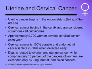 Uterine and Cervical Cancer Uterine cancer begins in the endometrium (lining of the uterus) Cervical cancer begins in the cervix and are considered squamous cell carcinomas Approximately 9,700 women develop cervical cancer each year   Cervical cancer is 100% curable and endometrial cancer is 94% curable when detected early Deaths related to ovarian and uterine cancer, which comprise only 13 percent of the cancers of women, are exceeded only by lung, breast, and colon cancers 