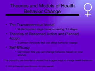 Theories and Models of Health Behavior Change The Transtheoretical Model Multicomponent stage model consisting of 5 stages Theories of Reasoned Action and Planned Action 3 primary concepts that can affect behavior change Self-Efficacy Conviction that you can change behavior based on your actions ©  2008 McGraw-Hill Higher Education. All rights reserved.  The preceding are theories or models that suggest ways to change health behaviors 
