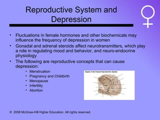 Reproductive System and Depression Fluctuations in female hormones and other biochemicals may influence the frequency of depression in women Gonadal and adrenal steroids affect neurotransmitters, which play a role in regulating mood and behavior, and neuro-endocrine physiology The following are reproductive concepts that can cause depression: Menstruation Pregnancy and Childbirth Menopause Infertility Abortion 