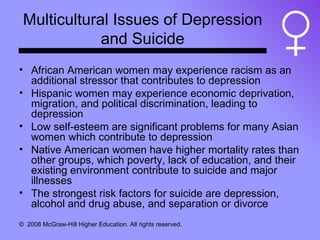 Multicultural Issues of Depression and Suicide African American women may experience racism as an additional stressor that contributes to depression Hispanic women may experience economic deprivation, migration, and political discrimination, leading to depression Low self-esteem are significant problems for many Asian women which contribute to depression Native American women have higher mortality rates than other groups, which poverty, lack of education, and their existing environment contribute to suicide and major illnesses The strongest risk factors for suicide are depression, alcohol and drug abuse, and separation or divorce 