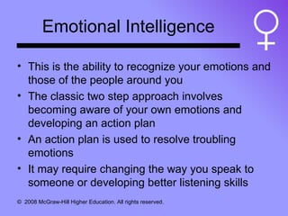 Emotional Intelligence This is the ability to recognize your emotions and those of the people around you The classic two step approach involves becoming aware of your own emotions and developing an action plan An action plan is used to resolve troubling emotions It may require changing the way you speak to someone or developing better listening skills 