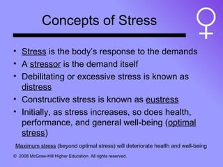 Concepts of Stress Stress  is the body’s response to the demands A  stressor  is the demand itself Debilitating or excessive stress is known as  distress Constructive stress is known as  eustress Initially, as stress increases, so does health, performance, and general well-being ( optimal stress ) Maximum stress  (beyond optimal stress) will deteriorate health and well-being 