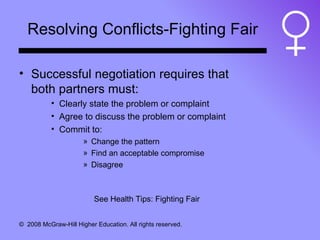 Resolving Conflicts-Fighting Fair Successful negotiation requires that both partners must: Clearly state the problem or complaint Agree to discuss the problem or complaint Commit to: Change the pattern Find an acceptable compromise Disagree See Health Tips: Fighting Fair 