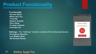 Product Functionality
Functionality
•Scream Alarm
•Where Are You
•Track Me
•Explore livesafe
•Give rating
•Trusted contacts
•Guardian list
Settings : The “Settings” function consists of the following features
•Emergency Services
•Low Battery Alert
•Set Scream Sound
 